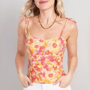 Old Navy Women's Fitted Linen-Blend Crop Top Pink Floral Smocked Back Size L